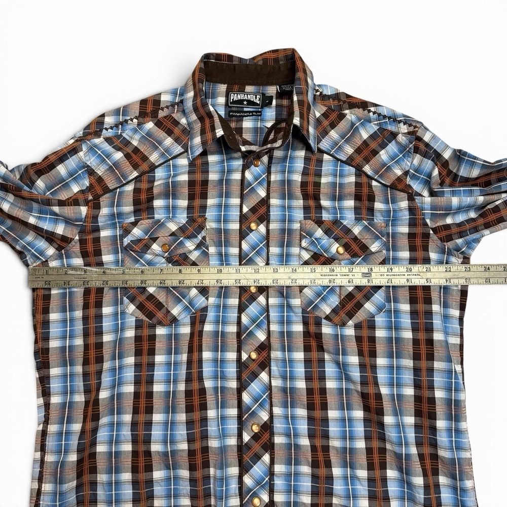 Panhandle Slim Large Shirt Western Texas Plaid Blue Brown Pearl Snaps 90 Proof - Picture 7 of 13